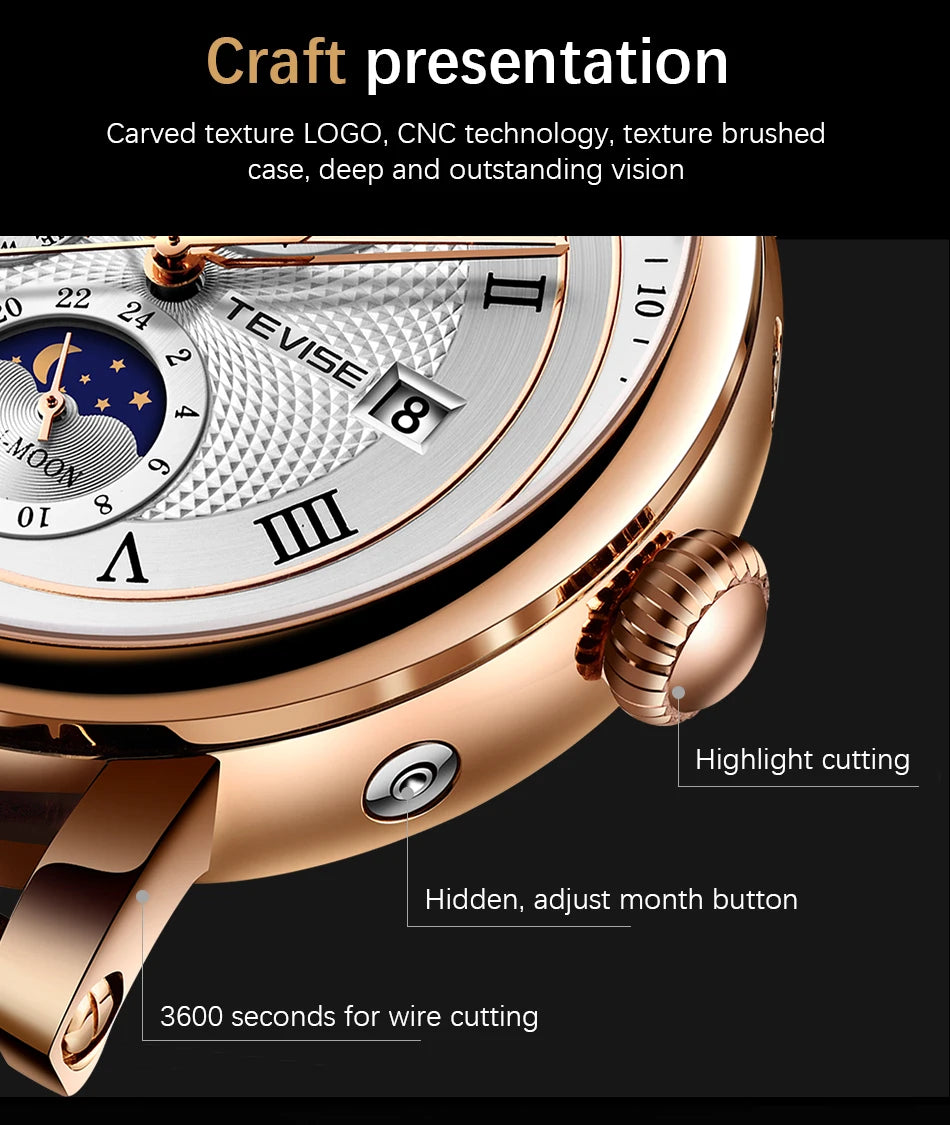 LIGE TW8820 Quality Luxurious Mechanical Leather Belt Watch Waterproof Mechanical - Moon Phase And Automatic With Box