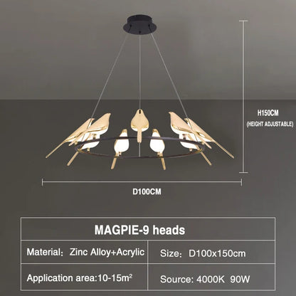 Modern LED Gold Magpie Bird Ceiling Chandelier for Dining Room Ring Light Pendant Lamp Decorative Lighting Lustre Drop Shipping