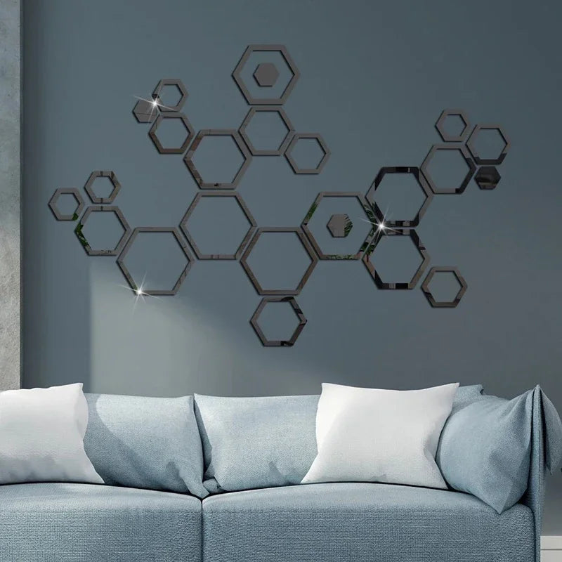 24pcs Hollow 3D Hexagonal Mirror Wall Sticker DIY Honeycomb Decoration Self Adhesive Paper Waterproof