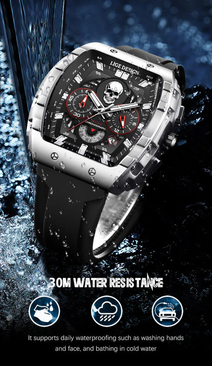 LIGE Quality Luxurious Chronograph Skull watch with Silicone Strap - Luminous, Chronograph, Quartz Clockwork With Box