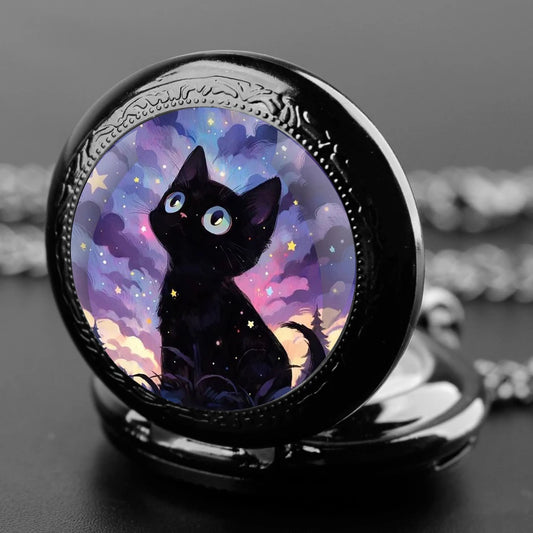 Exquisite Black Cat Glass Dome Quartz Pocket Watch