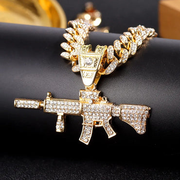 PEZDEMAR Iced Out Crystal M16 Gun Pendant With Chain Or Cuban Necklace