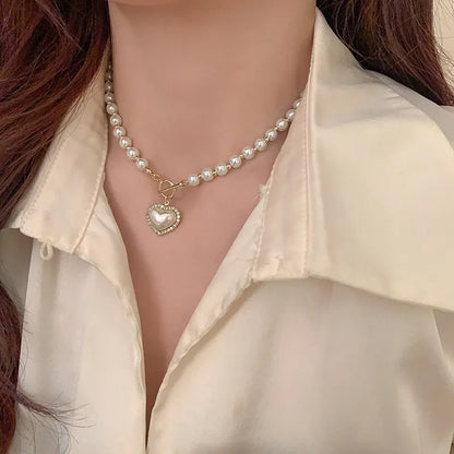 Korean style Elegant Pearl Necklace For Women With Heart Pendant