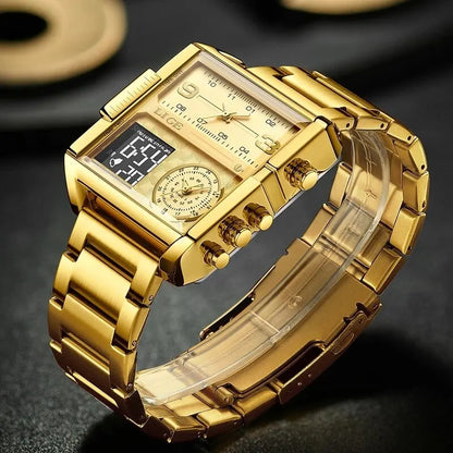 LIGE Quality Luxury Stainless Steel Gold Watch - Quartz Clockwork, Waterproof, Dual Display With Box