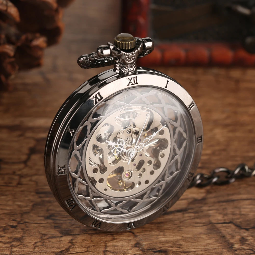 YISUYA Luxurious & Elegant Steampunk Style Glass Transparent Hand Wind Mechanical Pocket Watch with Chain