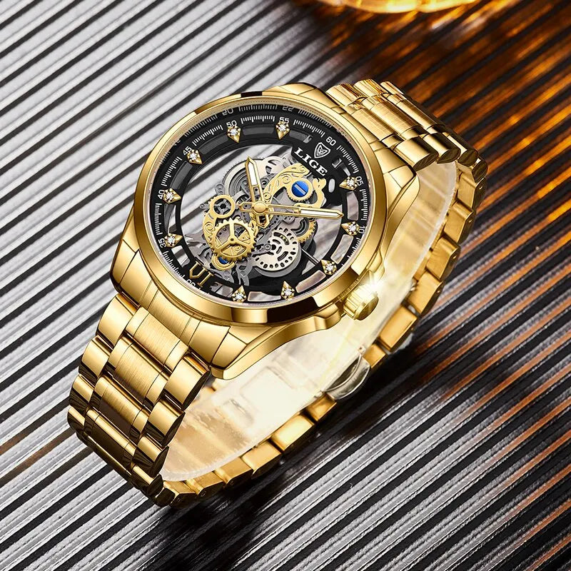 LIGE Quality Luxury Stainless Steel Skeleton Quartz Watch Gold