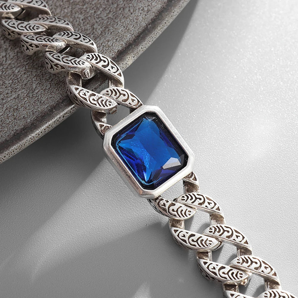 Silver Vintage Cuban Chain Bracelet 18/20/22cm With Sapphire for Men