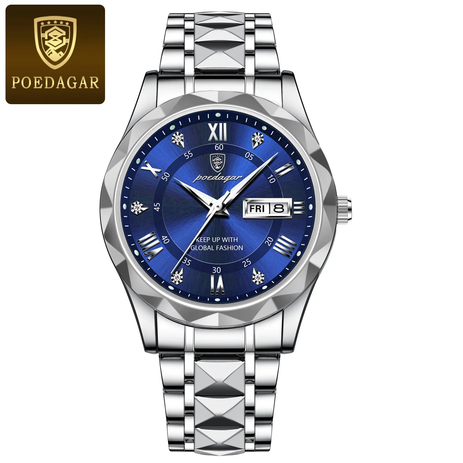 POEDAGAR Luxury Men Stainless Steel Quartz Watch - Waterproof, Date/Week & Luminous Date And Box