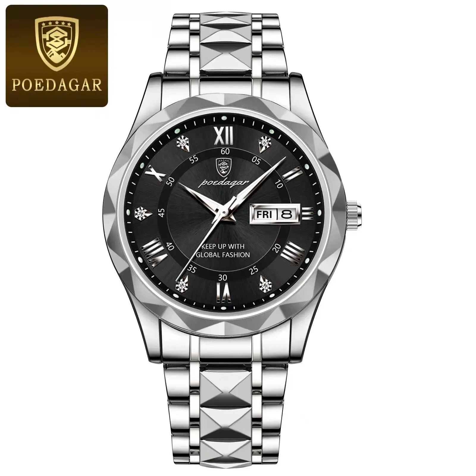 POEDAGAR Luxury Men Stainless Steel Quartz Watch - Waterproof, Date/Week & Luminous Date And Box