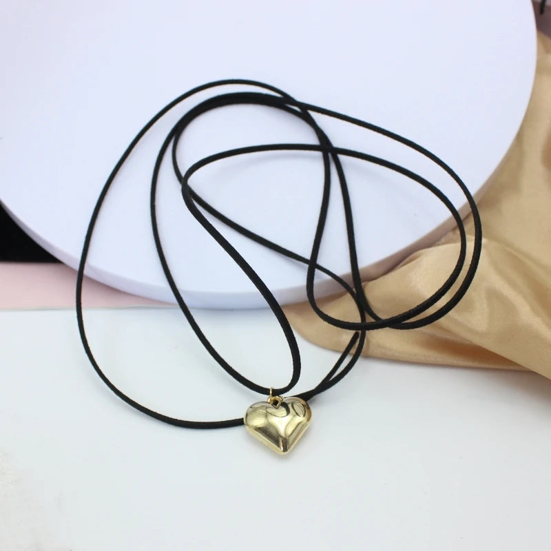 Elegant Weave  Knotted Bowknot With Big Heart Pendant Choker Knotted - Black & Pink Velvet