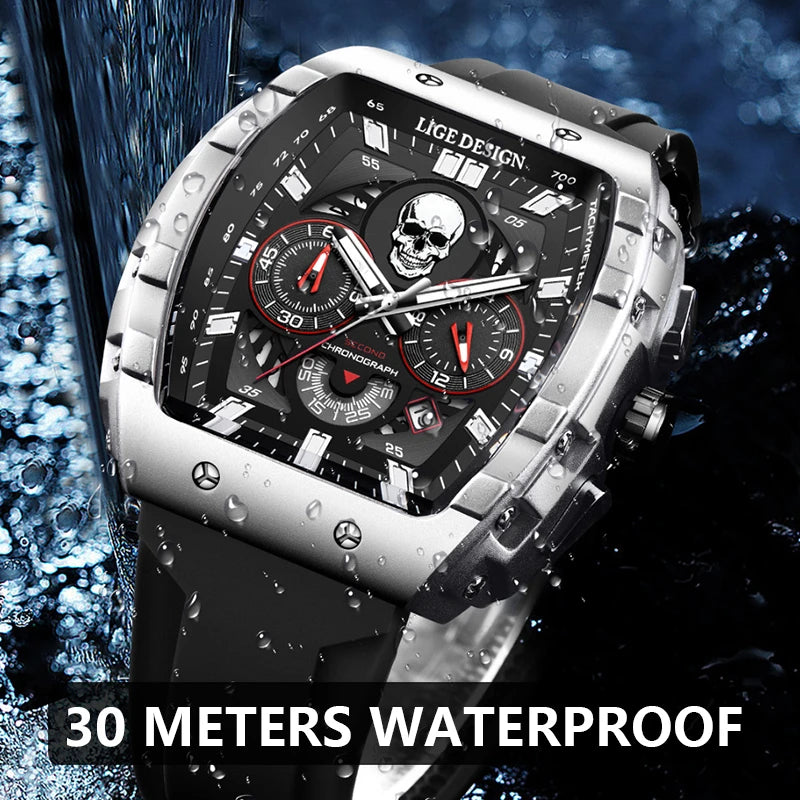 LIGE Quality Luxurious Chronograph Skull watch with Silicone Strap - Luminous, Chronograph, Quartz Clockwork With Box