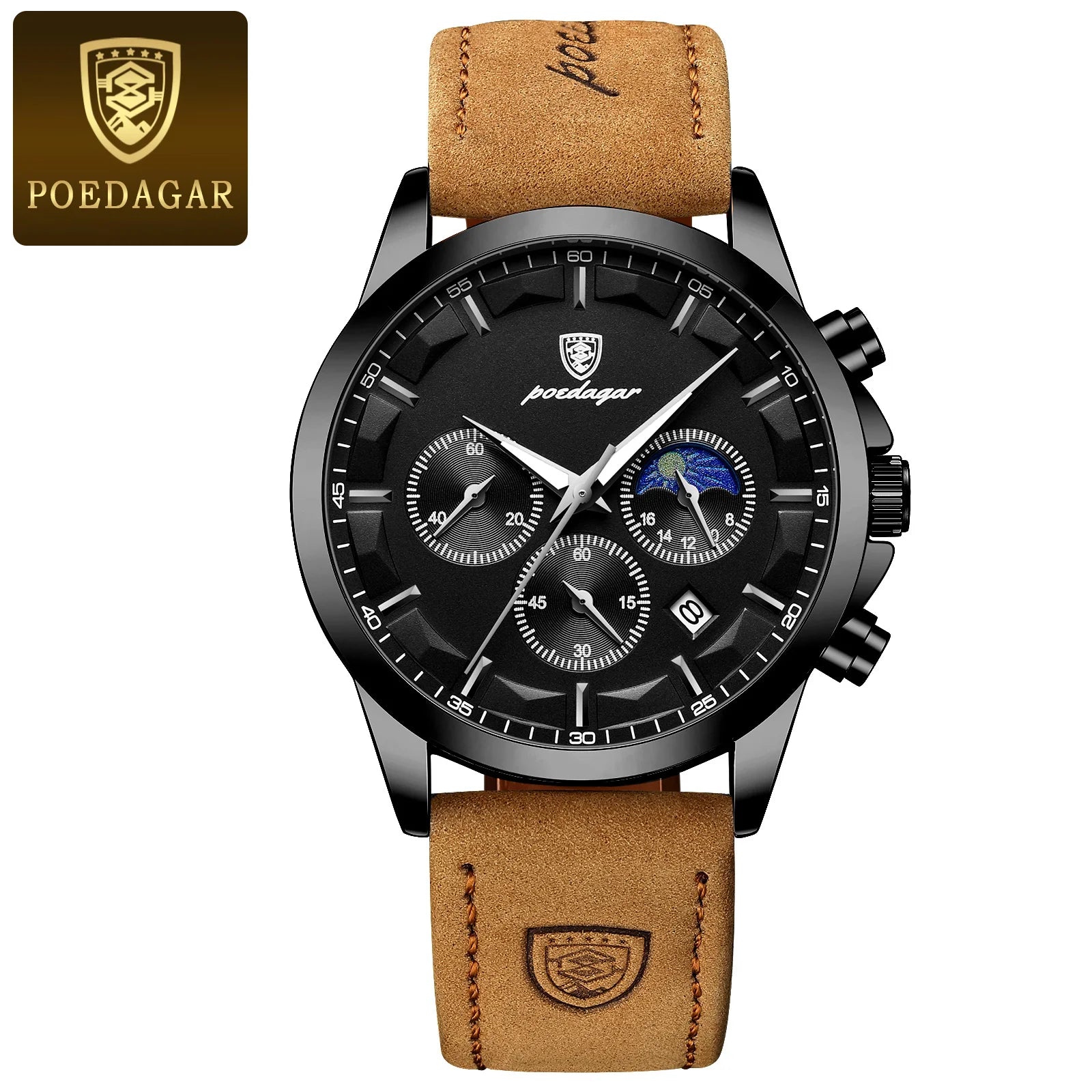 POEDAGAR Luxury leather band Quartz Chronograph Watch - Waterproof, Luminous, Date And Box