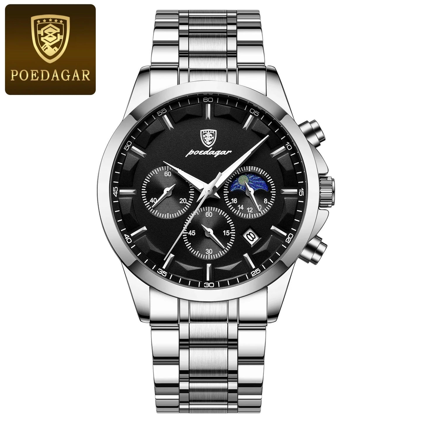 POEDAGAR Luxury leather band Quartz Chronograph Watch - Waterproof, Luminous, Date And Box