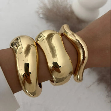 DIEZI Vintage Wide Cuff Bangles Gold & Silver Color Geometric Metal Spring Bangles For Women