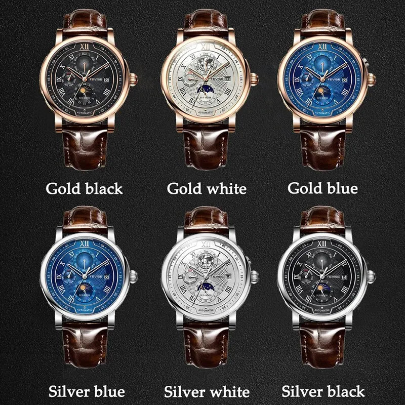 LIGE TW8820 Quality Luxurious Mechanical Leather Belt Watch Waterproof Mechanical - Moon Phase And Automatic With Box