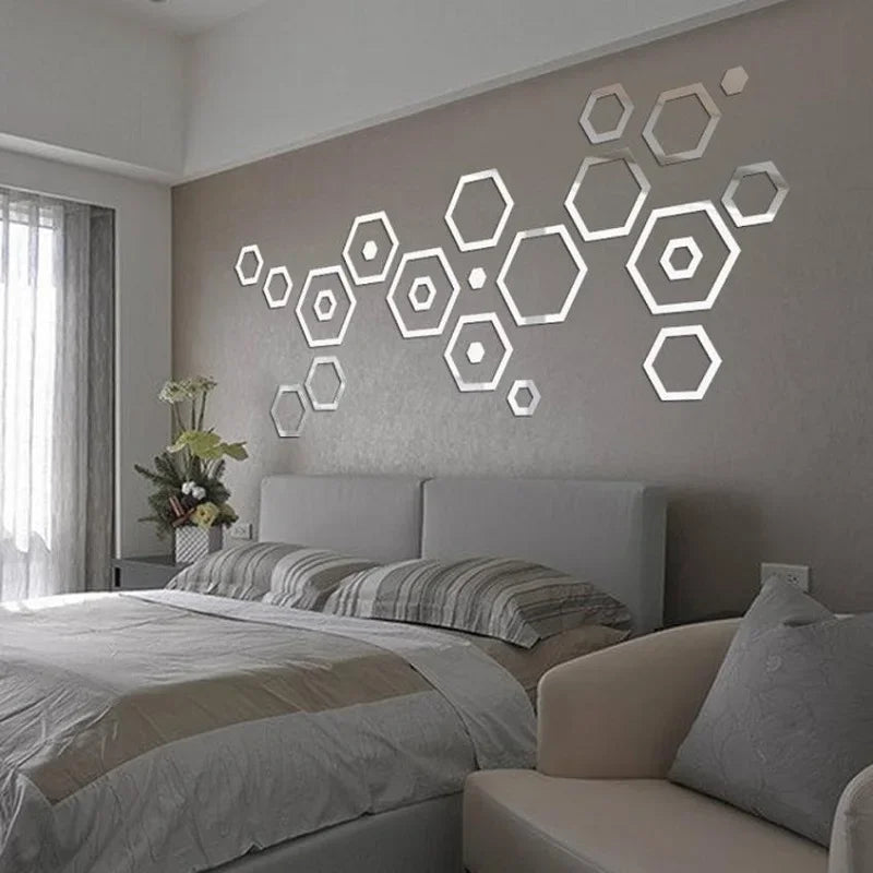 24pcs Hollow 3D Hexagonal Mirror Wall Sticker DIY Honeycomb Decoration Self Adhesive Paper Waterproof