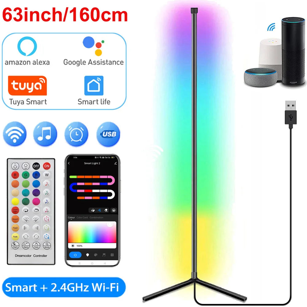 Tuya Smart LED RGB corner Floor Lamp - 160cm, Dimmable RGB and Mood Lighting.