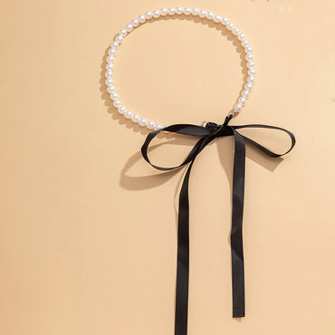 Trendy Long Multi Colour Party Ribbon Choker Necklace For Women With Elegant White Imitation Pearl