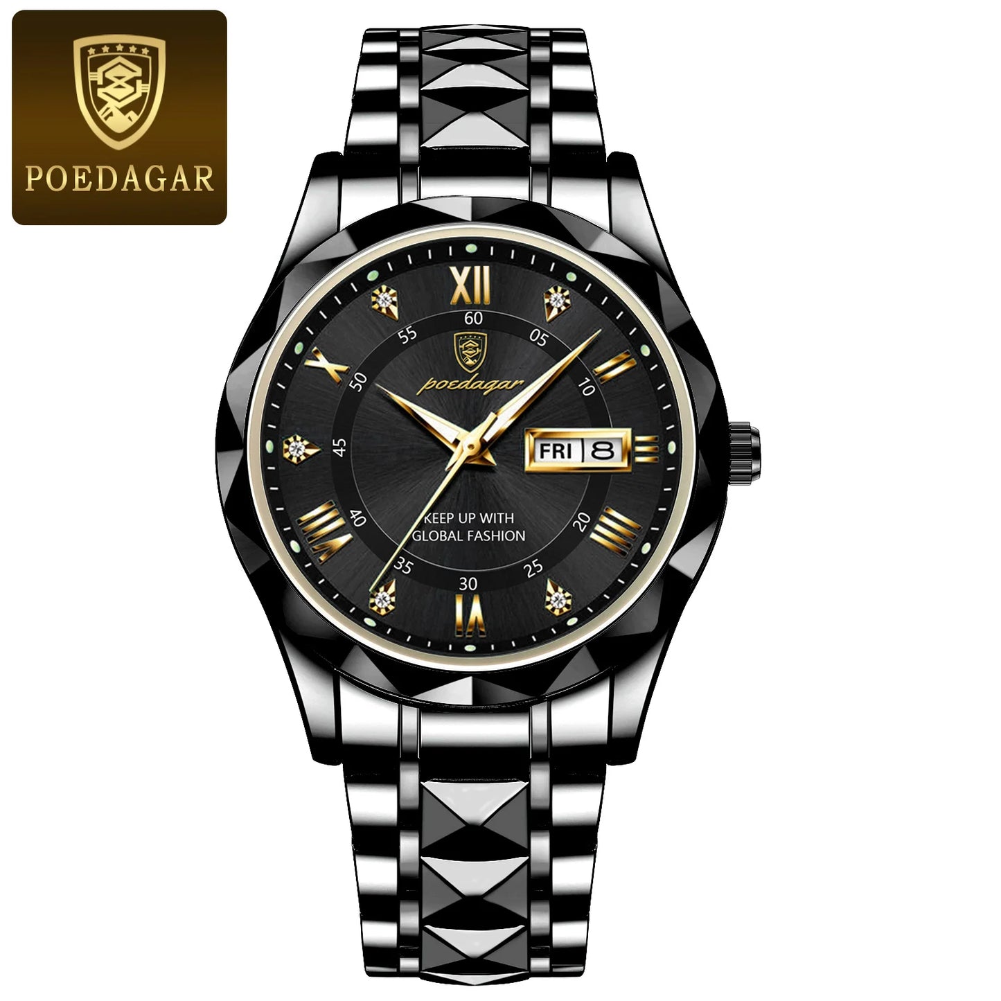 POEDAGAR Luxury Men Stainless Steel Quartz Watch - Waterproof, Date/Week & Luminous Date And Box