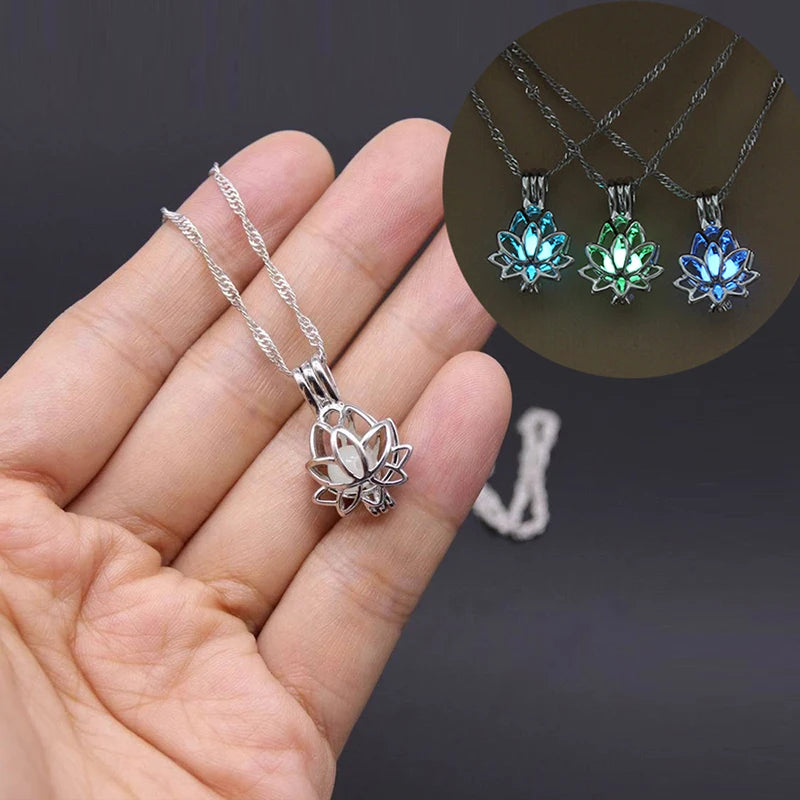 Luminous Glowing in The Dark Moon Lotus Flower Shaped Pendant Necklace for Wome