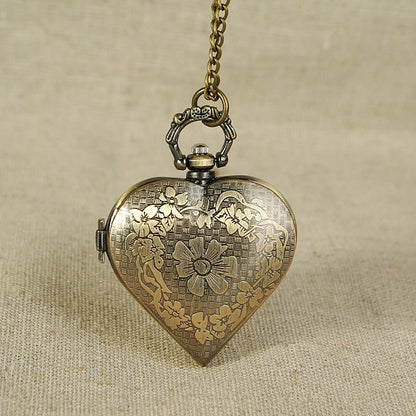 Waknoer Vintage Bronze Heart Shape Design Pendant Quartz Pocket Watch with Necklace Chain