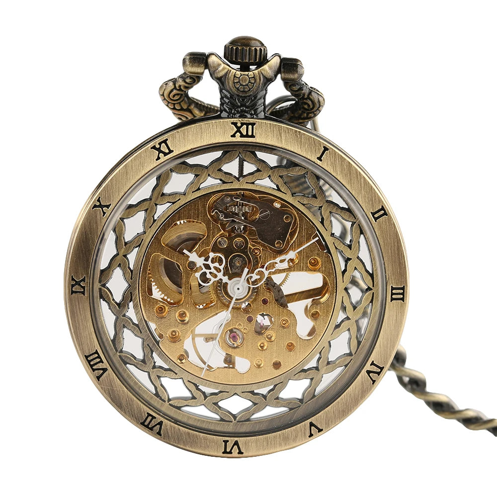 YISUYA Luxurious & Elegant Steampunk Style Glass Transparent Hand Wind Mechanical Pocket Watch with Chain