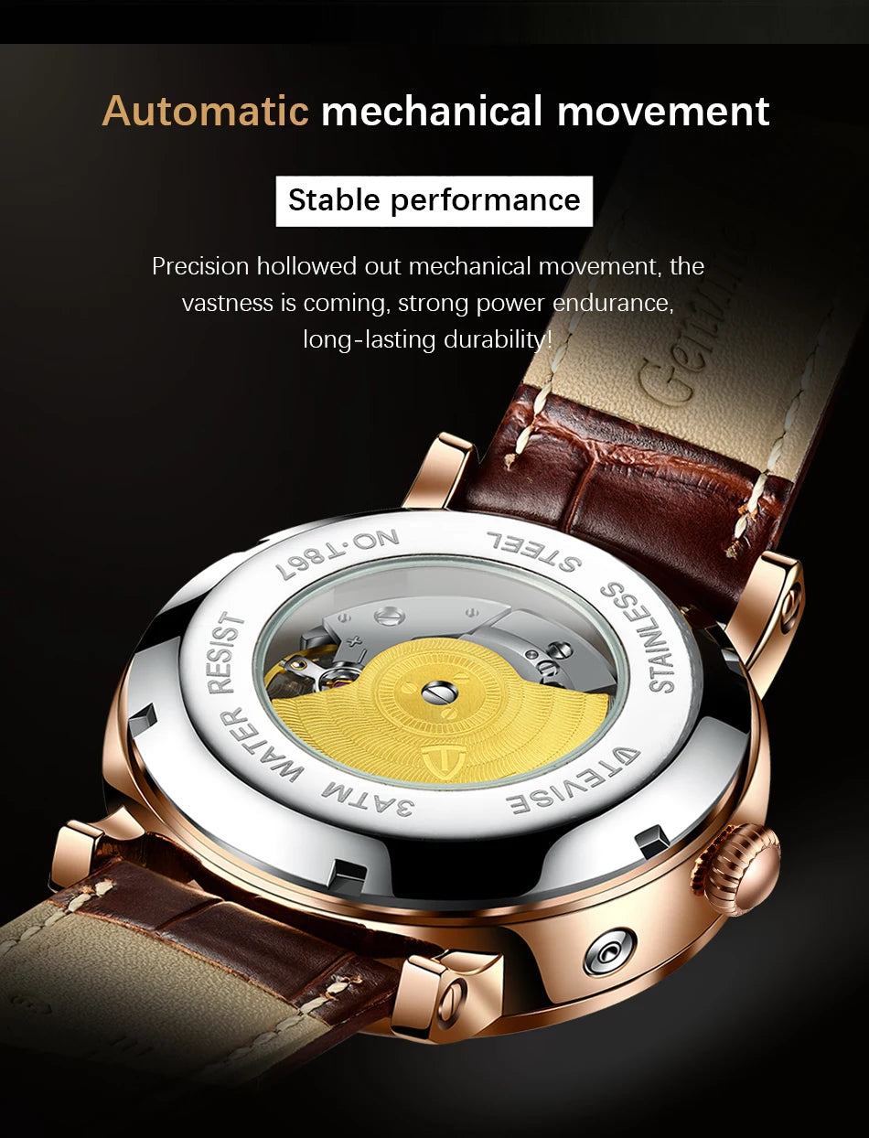 LIGE TW8820 Quality Luxurious Mechanical Leather Belt Watch Waterproof Mechanical - Moon Phase And Automatic With Box