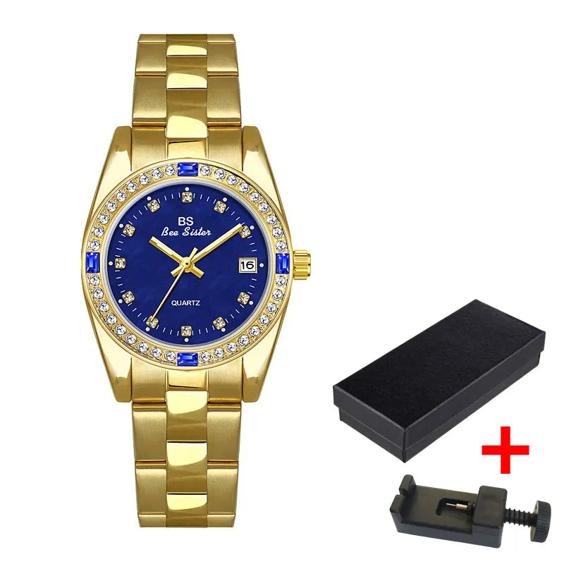 Brand Watch for Women Luxury style Gold/Blue/Green Rhinestone And Waterproof With Steel Strap In Box