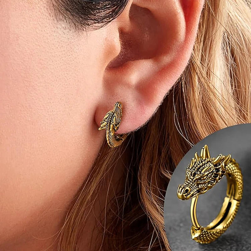 Huitan Fancy Gold, Silver & Black Dragon Hoop Earrings