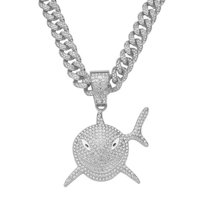 Big Size Shark Iced Out Pendant With 13mm Rhinestone Necklace