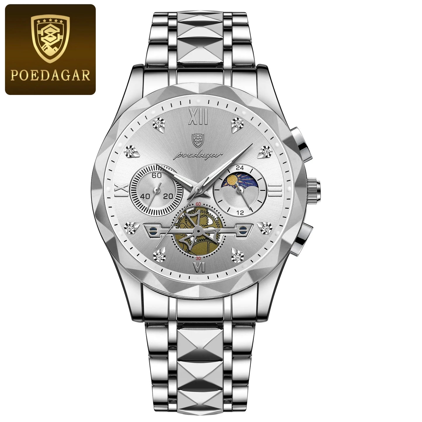 POEDAGAR Quality Luxury Leather band Quartz Chronograph Watch - Waterproof, Luminous, Date And Box