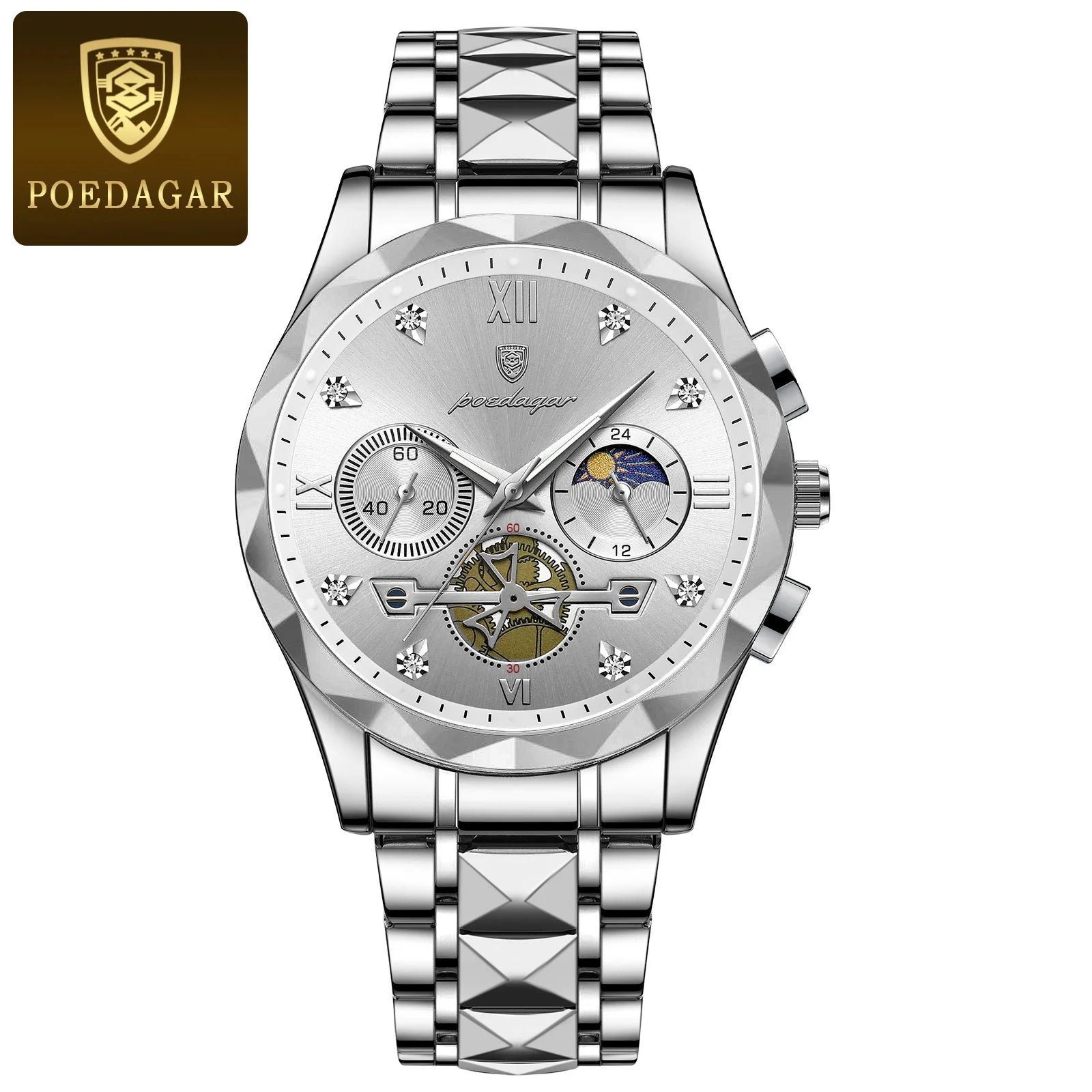 POEDAGAR Quality Luxury Leather band Quartz Chronograph Watch - Waterproof, Luminous, Date And Box