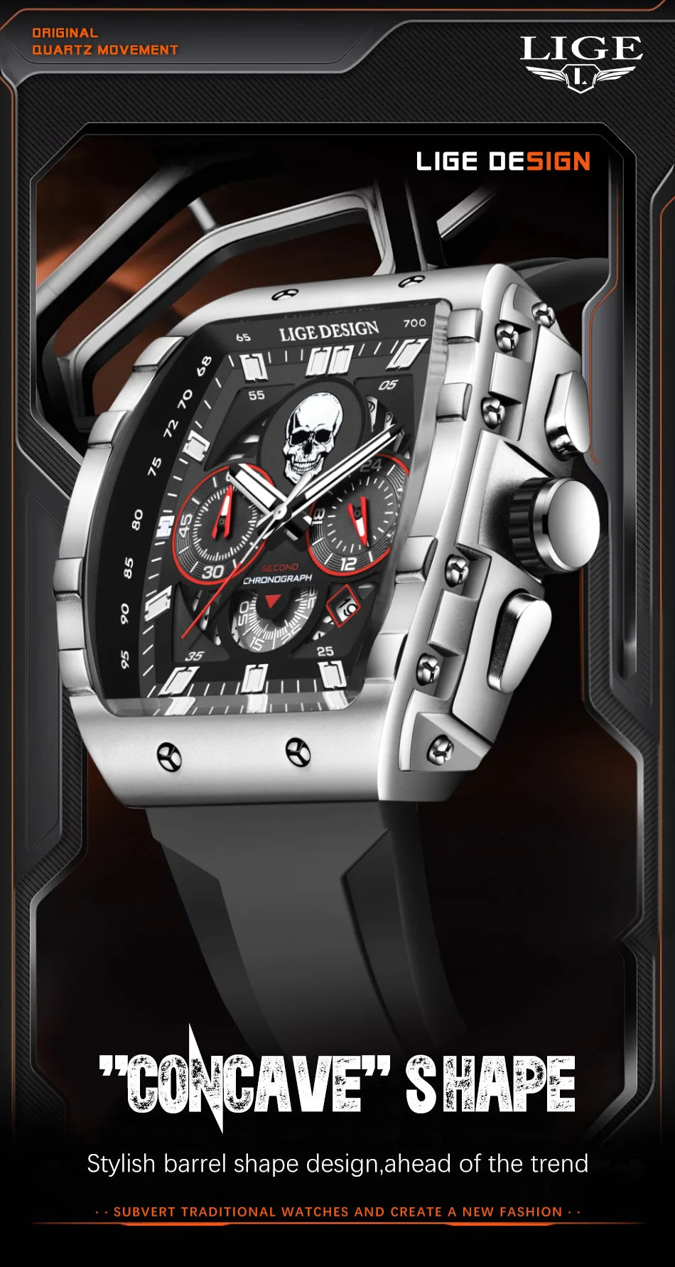 LIGE Quality Luxurious Chronograph Skull watch with Silicone Strap - Luminous, Chronograph, Quartz Clockwork With Box