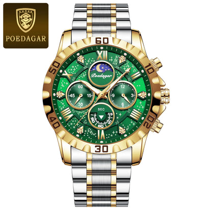 POEDAGAR Luxury Men Stainless Steel Quartz Watch - Waterproof, Luminous, Date&Week