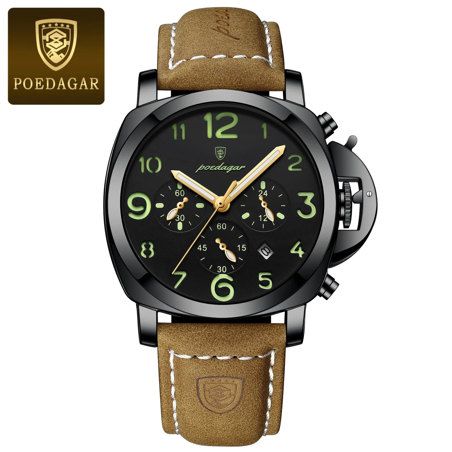 POEDAGAR Luxury Leather Chronograph Quartz Watch - Luminous, Waterproof, Date And Box