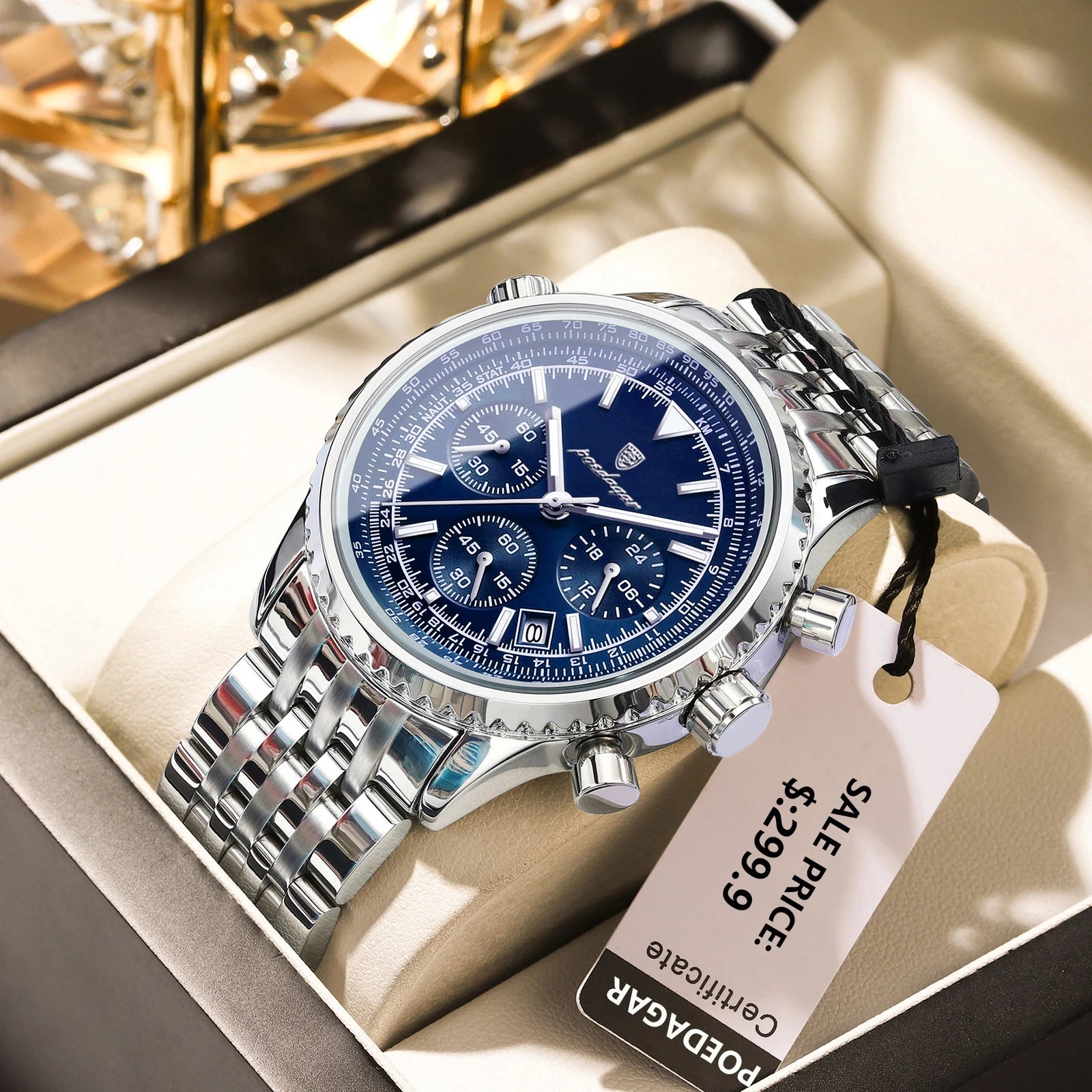 POEDAGAR Luxury Men Stainless Steel Chronograph Quartz Watch - Waterproof, Date & Luminous With Box