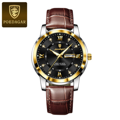 POEDAGAR Quality Luxury Leather band Quartz Watch - Waterproof, Luminous, Date + week And Box