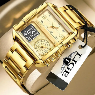 LIGE Quality Luxury Stainless Steel Gold Watch - Quartz Clockwork, Waterproof, Dual Display With Box