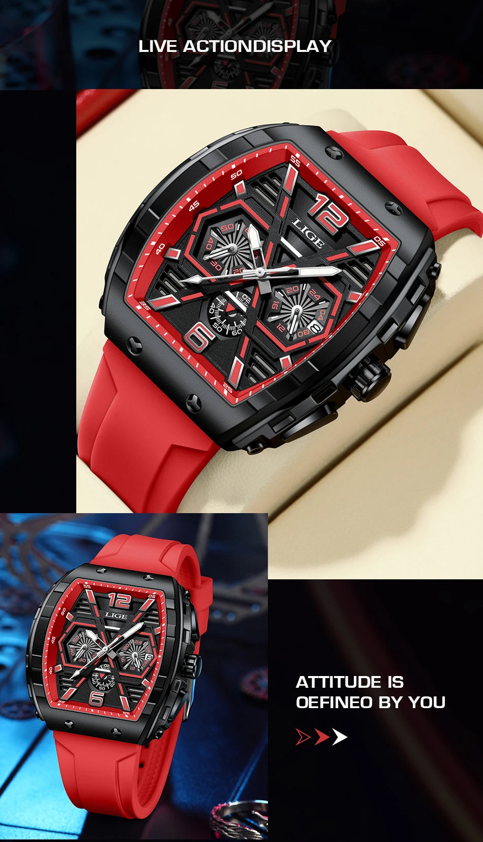 LIGE Quality Luxurious Chronograph Watch - Silicone strap - Quartz Clockwork, Waterproof With Box