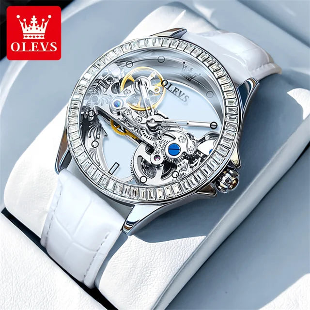 OLEVS Luxury Silver Fully Hollow Out Mechanical Watch for with Diamond