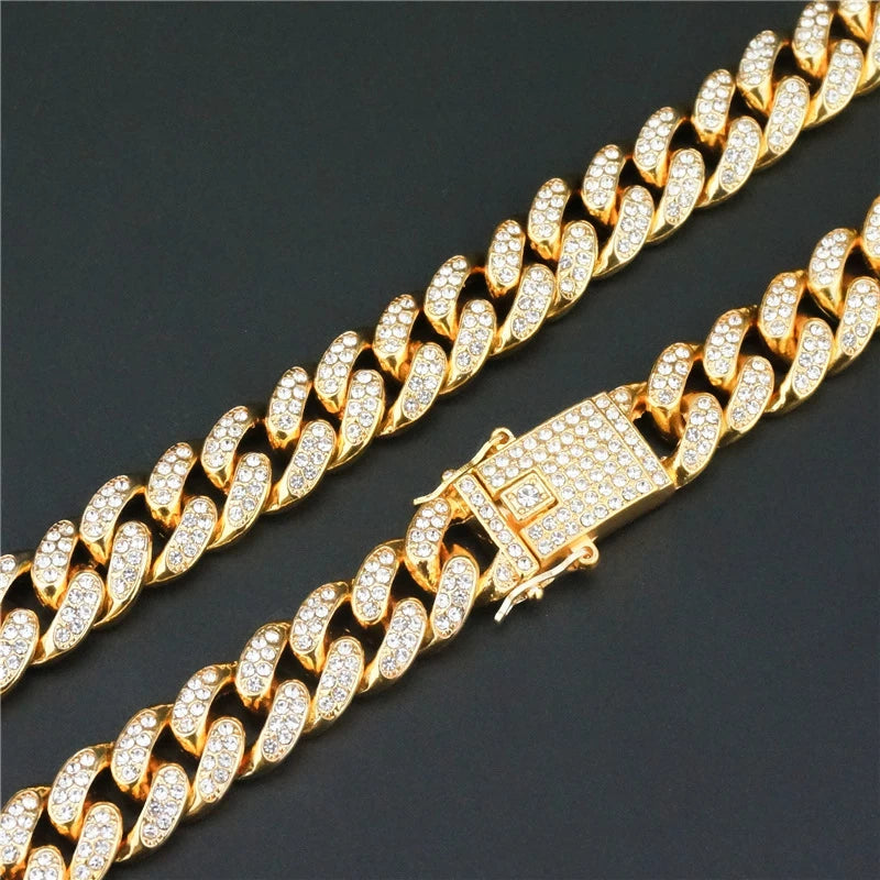 Yuzz Cuban Link Chain 13MM Gold & Silver Iced Out With AAA Rhinestones Necklace