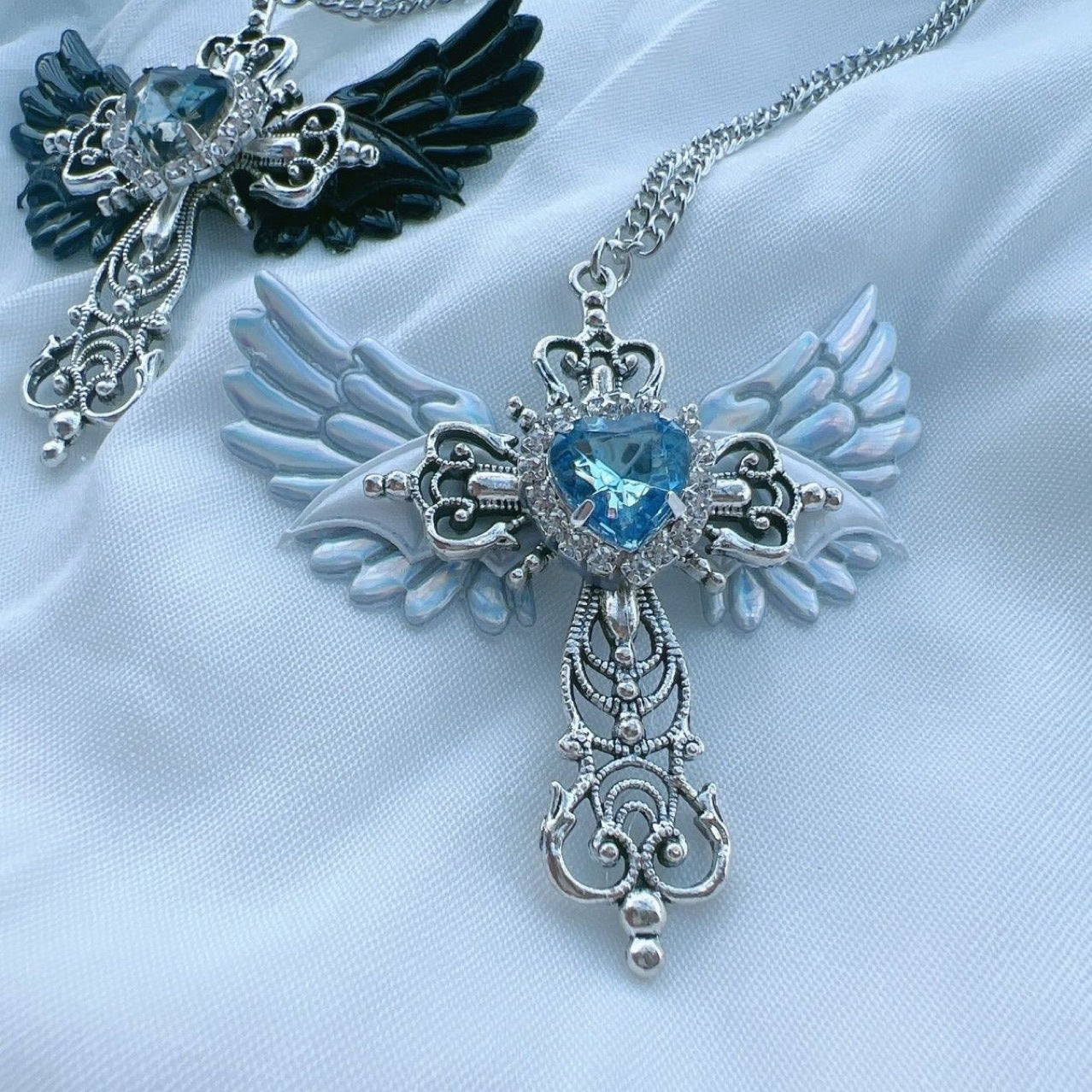 Goth & Angel Winged Cross Pendant Necklace