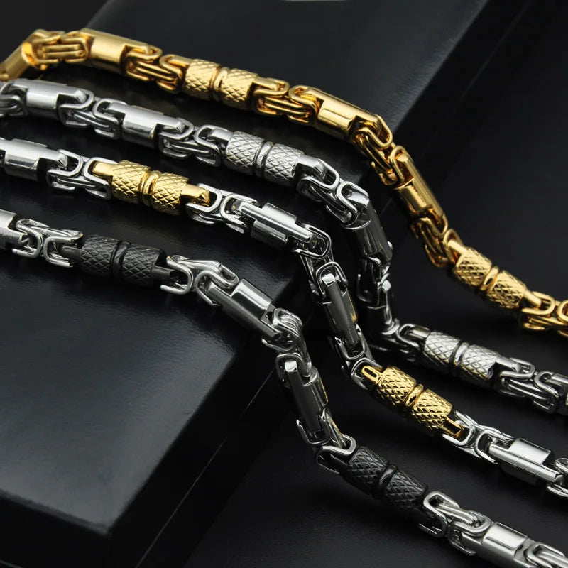 Qiaonitu 6mm Heavy 18K Gold Color Stainless Steel Byzantine Chain Necklace