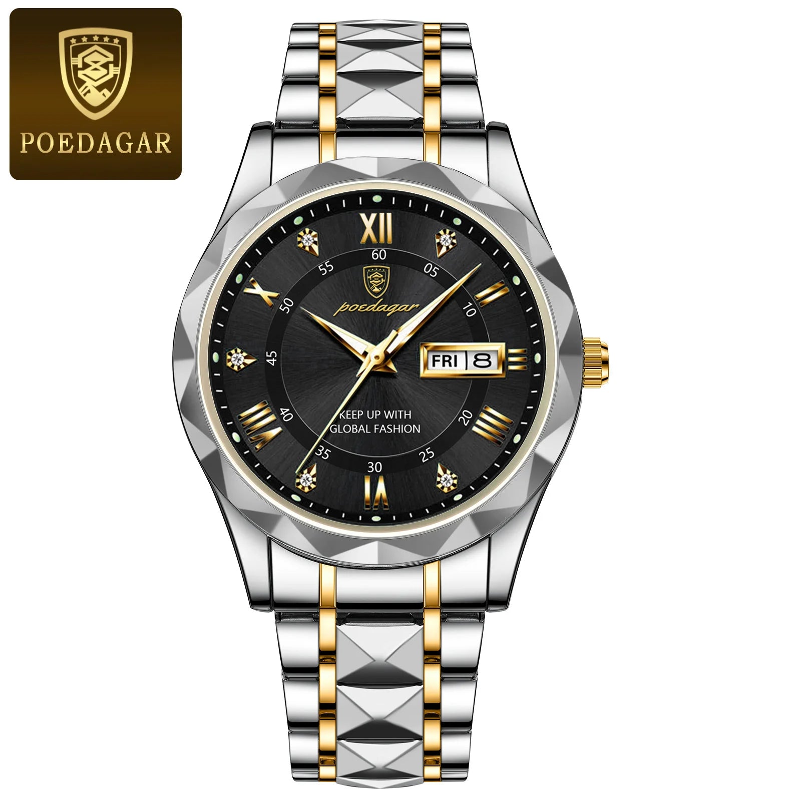 POEDAGAR Luxury Men Stainless Steel Quartz Watch - Waterproof, Date/Week & Luminous Date And Box