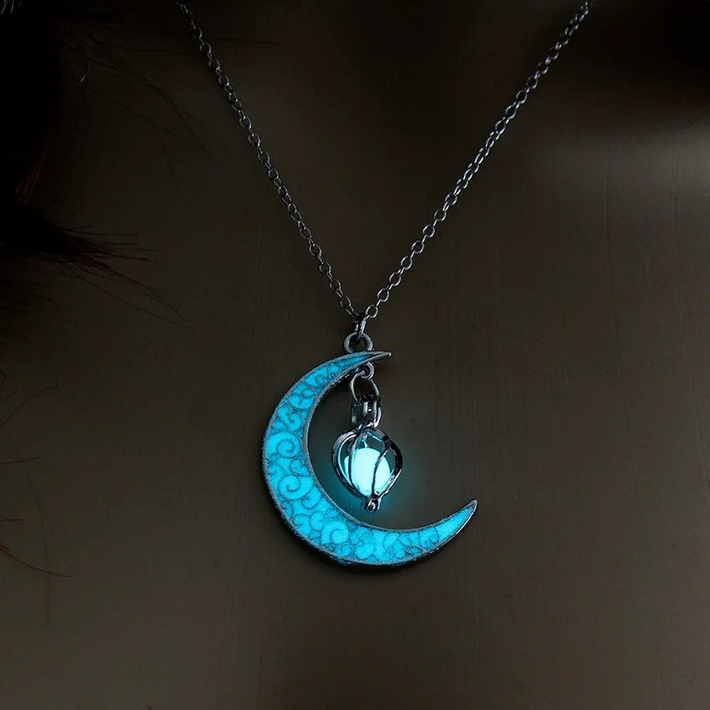 LossTower Night Fluorescence Glowing Hollow Cage & Moon Star Pendant