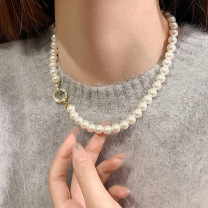 French Elegant Necklace For Women - Zircon Round Buckle Imitation Pearl Beaded Necklace