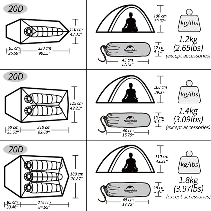 Naturehike Cloud Up 3 People Tent Ultralight 20D Waterproof Outdoor Camping Hiking Travel Tents Backpacking Cycling Sun Shelter