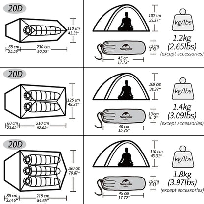 Naturehike Cloud Up 3 People Tent Ultralight 20D Waterproof Outdoor Camping Hiking Travel Tents Backpacking Cycling Sun Shelter