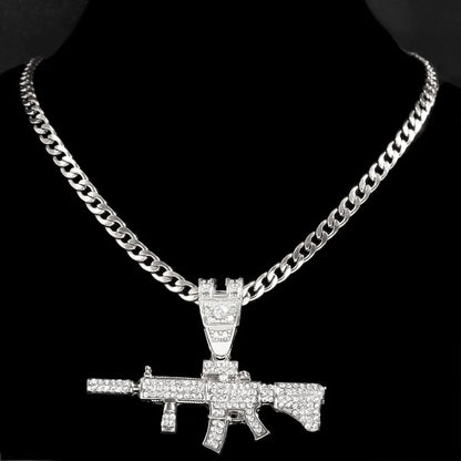 PEZDEMAR Iced Out Crystal M16 Gun Pendant With Chain Or Cuban Necklace