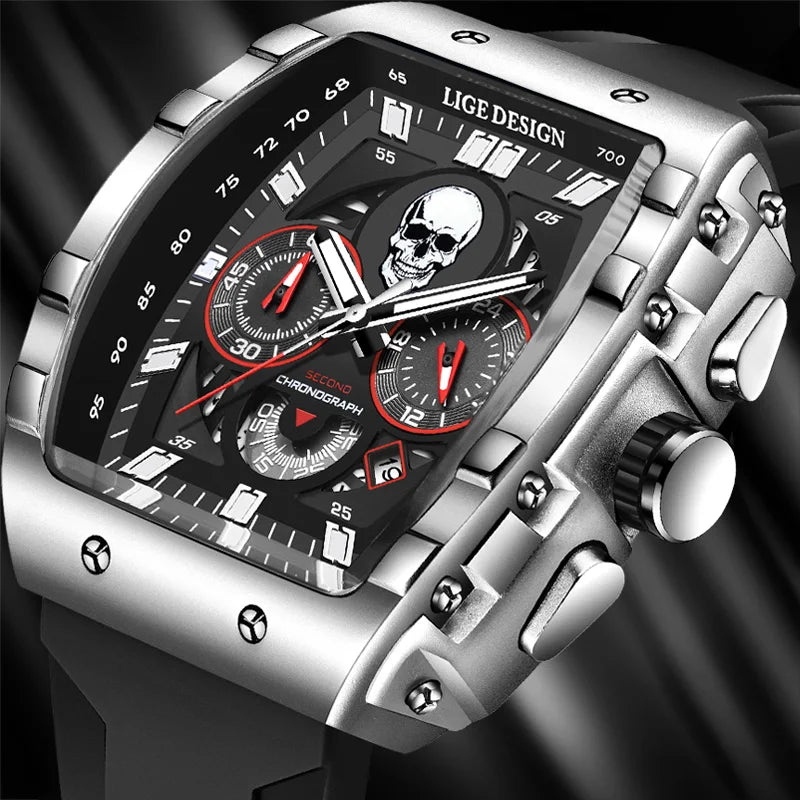 LIGE Quality Luxurious Chronograph Skull watch with Silicone Strap - Luminous, Chronograph, Quartz Clockwork With Box